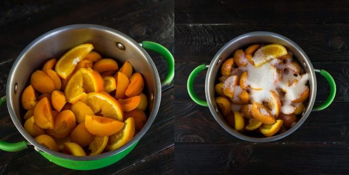Jam van abrikozen en sinaasappelen: fruit, giet suiker