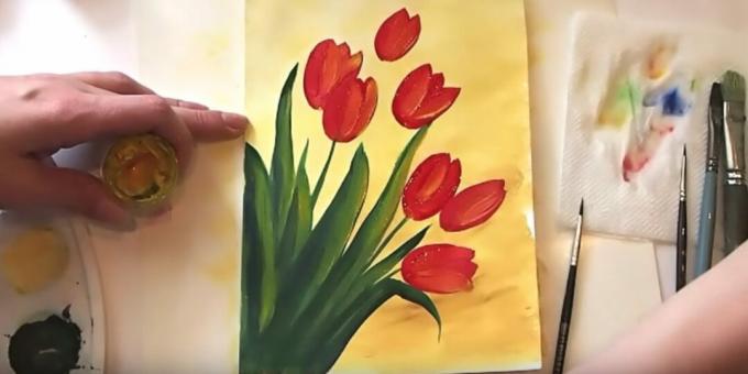 Hoe een boeket tulpen te tekenen: voeg geel toe