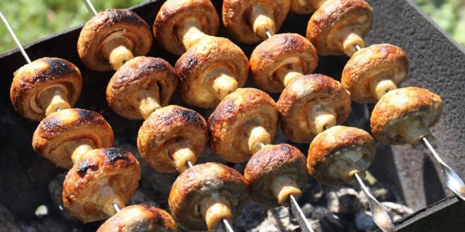 Wat om buiten te koken, met uitzondering van vlees: kebab met paddestoelen in zure room en knoflook marinade