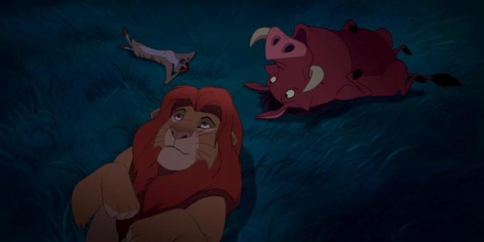 Cartoon "The Lion King": Simba, Timon en Pumbaa onder de nachtelijke hemel en na te denken over de aard van sterren