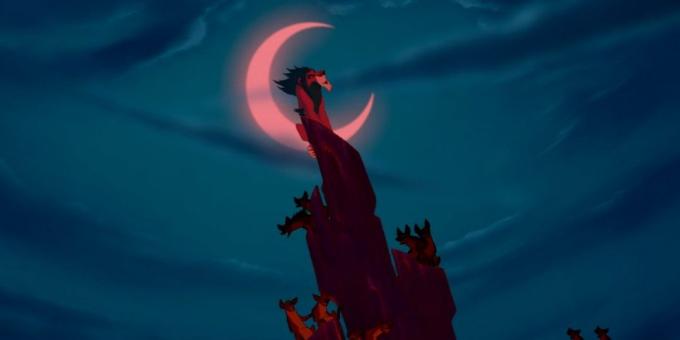 Cartoon "The Lion King": Net fit in de finale musical nummer worden voorbereid Scar figuur in de schitterende halve maan in de nachtelijke hemel