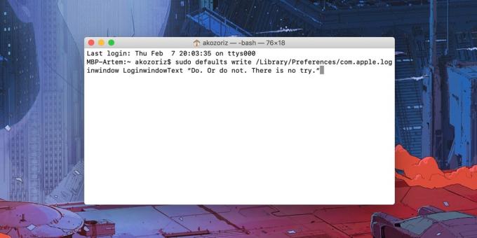 Berichten op Mac Lock scherm: kopieer de volgende opdracht, de tekst te vervangen in uw