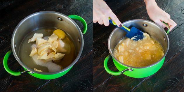 Klassieke "Medovik" met zure room: meng eieren, boter, suiker en honing
