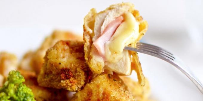 Kipnuggets met ham en kaas