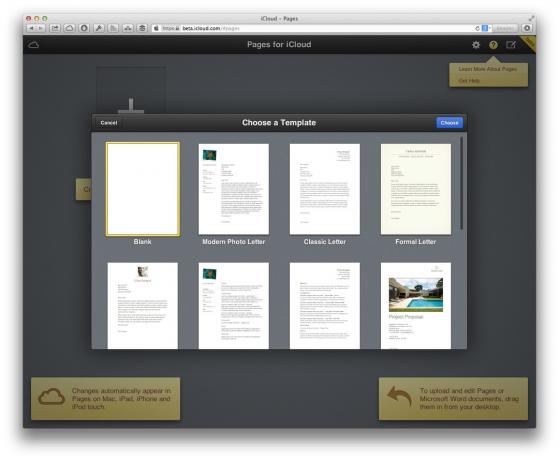 Het kiezen van een sjabloon voor een nieuw document in Pages voor iCloud