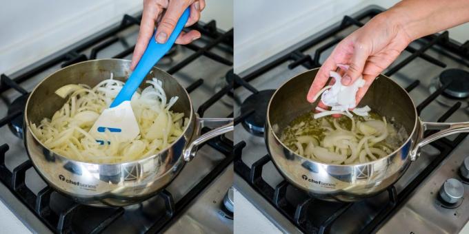 Hoe de uiensoep koken: Doe de uien in de pan