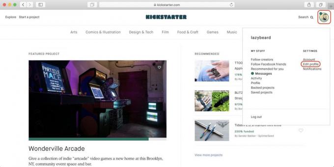 Hoe om te kopen op Kickstarter: klik op het profiel icoon en vervolgens - op de Profiel bewerken koppeling