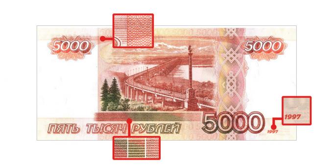 vals geld: microafbeeldingen op de rug van 5000 roebel