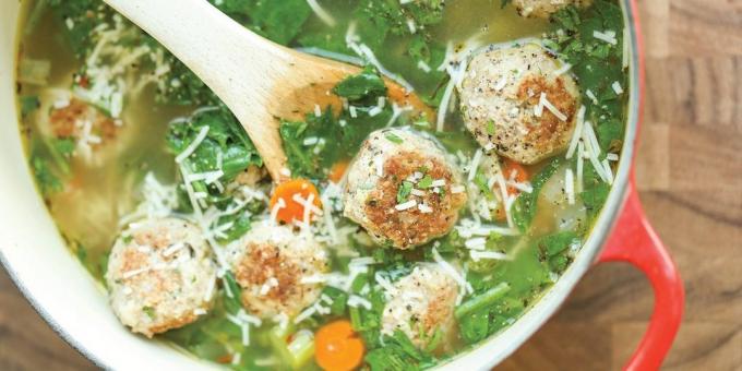 Wat te koken van de vulling: Groentesoep met spinazie en gehaktballen