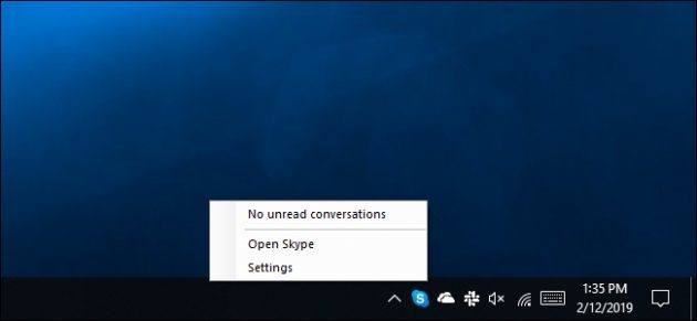 Skype UWP programma voorziet niet in het menu "Quit Skype»
