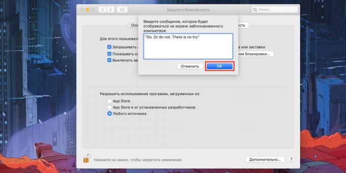 Berichten op Mac Lock scherm: Voer de gewenste tekst in en bevestig met "OK"