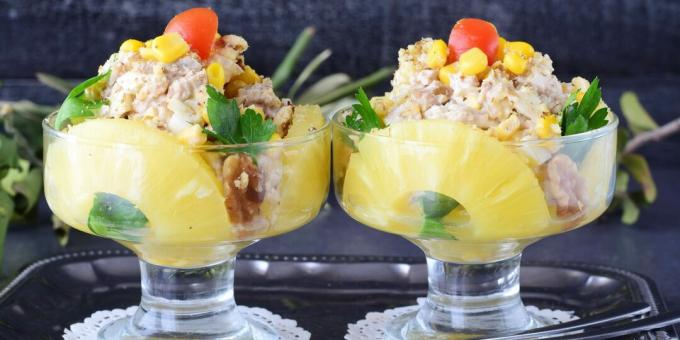 eenvoudig salade recept met walnoten, ananas en kip