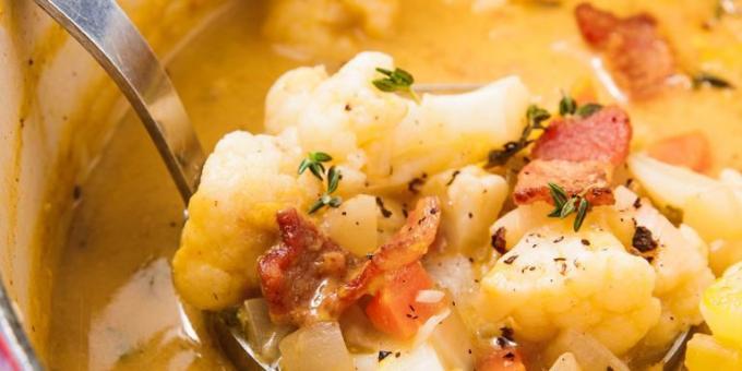 Recepten diner in haast: soep met spek en bloemkool