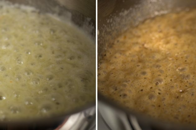 Hoe Franse pannenkoeken te maken: na 3-4 minuten krijgt de karamel een aangename goudbruine tint
