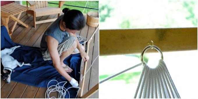 Hangmat met zijn eigen handen: Hangmat van gestikte stof op de touwen en rails