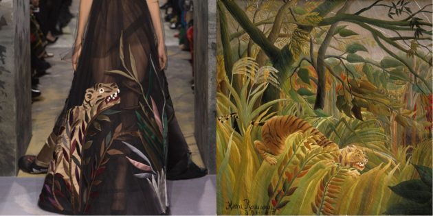 Valentino model en een schilderij van Henri Rousseau "Tiger in de tropische storm"