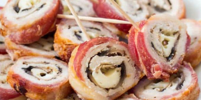 Varkensvlees in de oven: Broodjes van varkensvlees omwikkeld met spek gevuld met champignons en kaas
