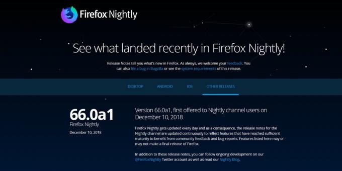 Versie van Firefox: Firefox Nightly