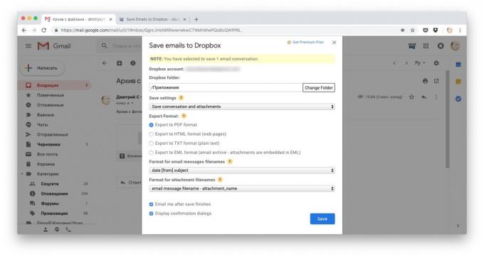Manieren om te downloaden bestanden naar Dropbox: kopieer de hele brief door Save e-mails naar Dropbox