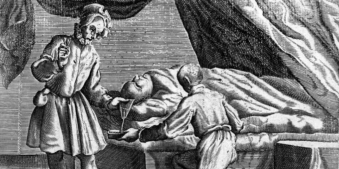 Middeleeuwse geneeskunde: aderlaten uit het hoofd, gravure uit 1626