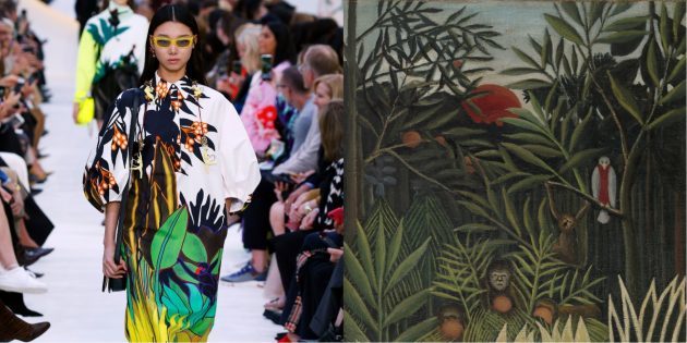 Valentino model en een schilderij van Henri Rousseau "Apen en een papegaai in een oerwoud"