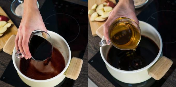 Hoe maak je een glühwein koken: in een pan, giet rode wijn en appelsap