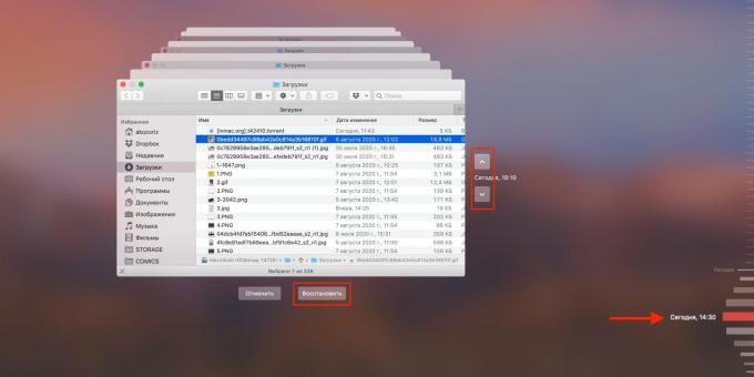 Hoe een afzonderlijk bestand in Time Machine te herstellen: gebruik de pijlen of de schaal aan de rechterkant om de gewenste tijdsperiode te selecteren en klik op "Herstellen"