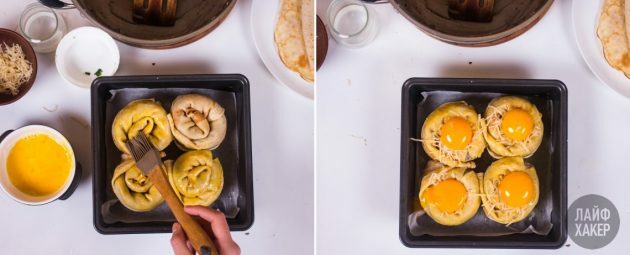 Bedek de pannenkoekenbroodjes met eieren