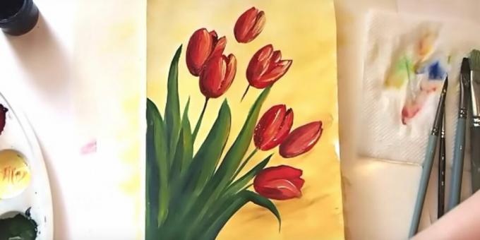 Hoe een boeket tulpen te tekenen: voeg een bordeauxrode kleur toe