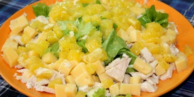 Recepten voor salades zonder mayonaise Salade c kip, kaas en oranje