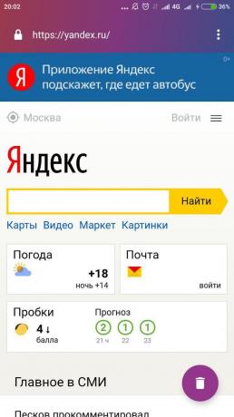 Firefox Focus: zoek op "Yandex"