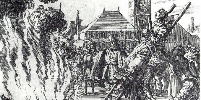 The Inquisition in the Middle Ages: "The Burning of the 16th Century Dutch Anabaptist Anneken Hendrix, Accused of Heresy", gravure door Jan Leuken
