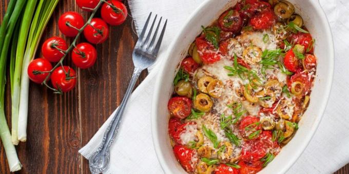 Tilapiafilet met tomaten en olijven in de oven