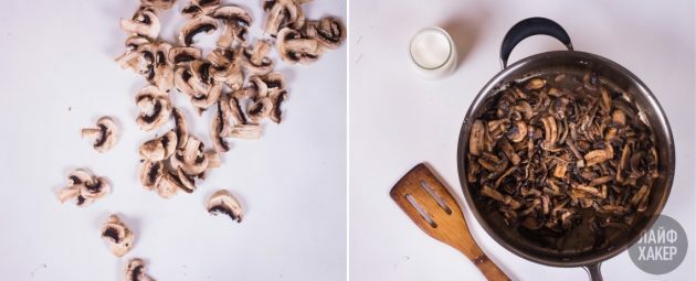 Pannenkoekenbroodje: gebakken champignons, uien en knoflook