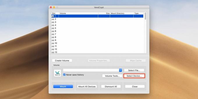 Een wachtwoord op een USB-stick zetten: open VeraCrypt en klik op Apparaat selecteren