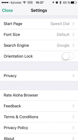 Aloha Browser: Instellingen