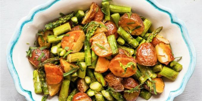 Groenten in de oven: Gebakken aardappelen met asperges en citroen mosterd dressing