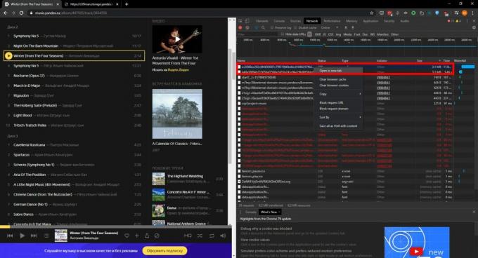 Muziek downloaden van Yandex. Muziek ": selecteer Openen in nieuw tabblad