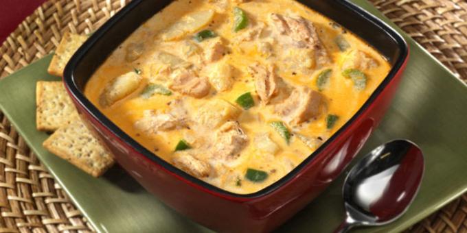 Snelle en smakelijke gerechten: Kaas soep met rode vis