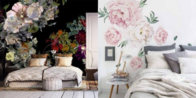 Wallpaper voor de slaapkamer: grote bloemen 